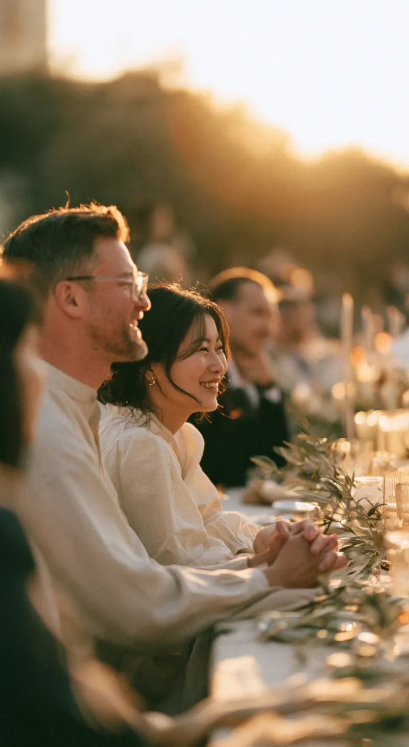 Rob and Ana laughing at a long dinner table at golden hour